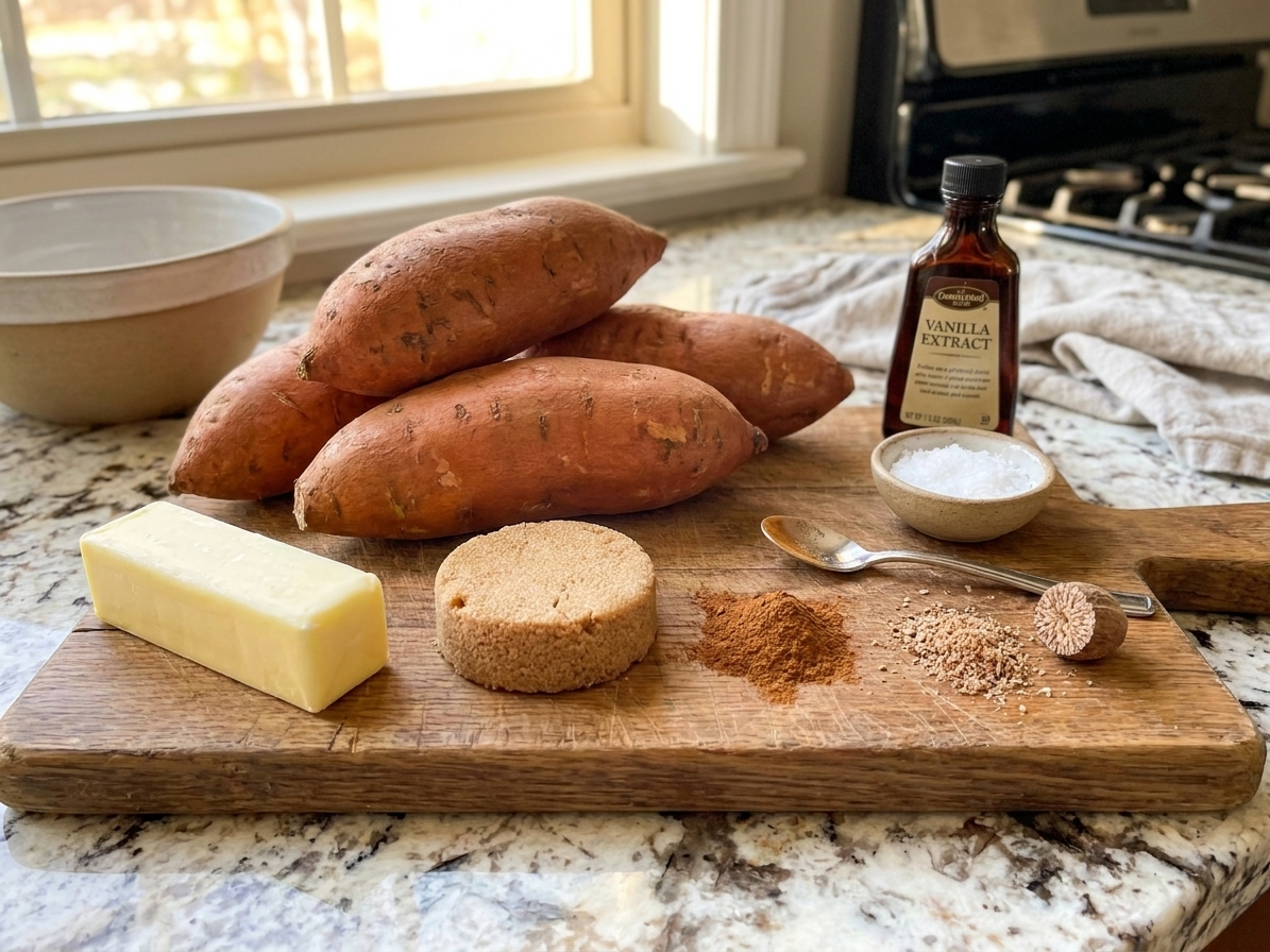 Whole yams, brown sugar, butter, cinnamon, nutmeg, vanilla, and salt arranged on a wooden cutting board in a bright home kitchen