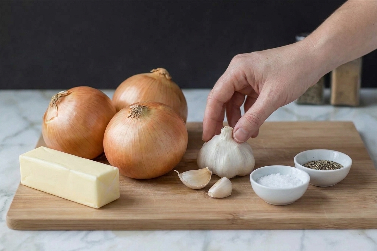 Whole yellow onions, a stick of butter, garlic, and small bowls of seasonings arranged on a clean kitchen counter