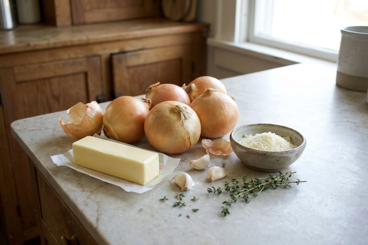 Whole yellow onions, a stick of butter, garlic cloves, thyme, and a small bowl of grated cheese arranged on a light stone kitchen counter with soft natural light