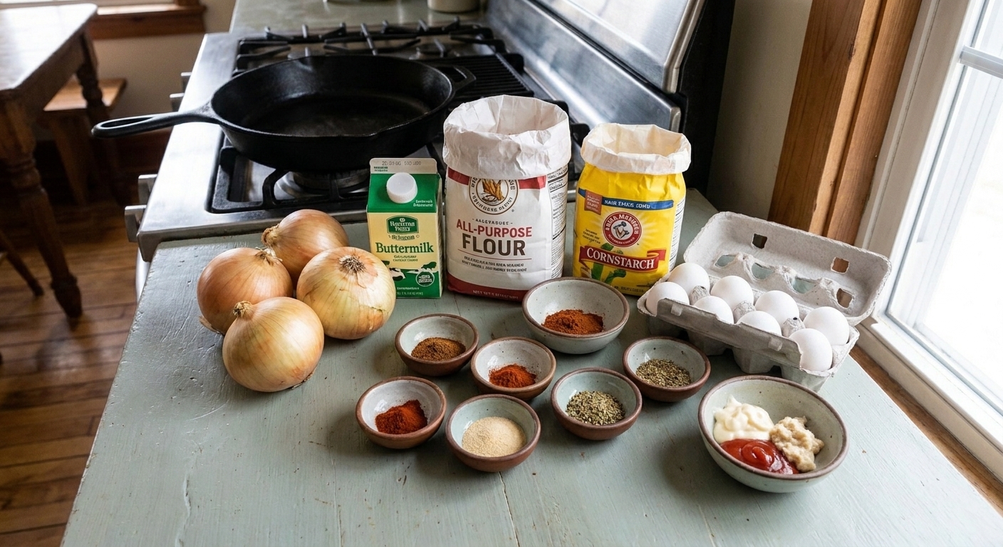 Whole yellow onions, buttermilk, flour, cornstarch, spices, eggs, and a small bowl of sauce ingredients arranged on a clean kitchen counter