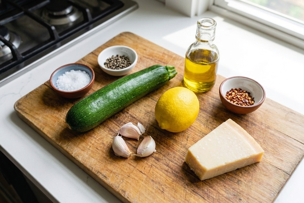 Whole zucchini, a lemon, garlic cloves, Parmesan, olive oil, salt, pepper, and red pepper flakes arranged on a wooden cutting board in a home kitchen