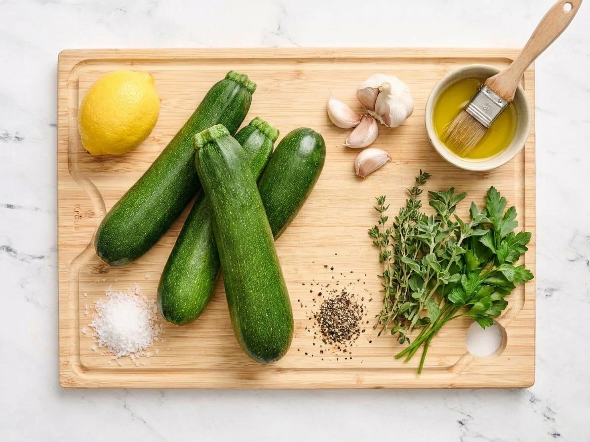 Whole zucchini, a lemon, garlic, olive oil, salt, pepper, and fresh herbs arranged on a light kitchen counter