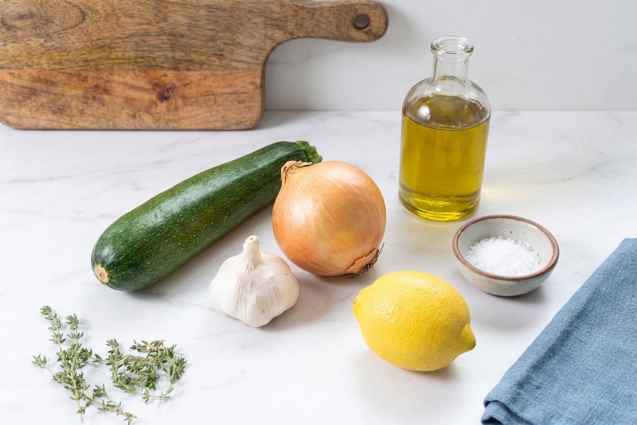 Whole zucchini, a yellow onion, garlic, lemon, olive oil, and a small bowl of salt on a clean kitchen counter in natural light
