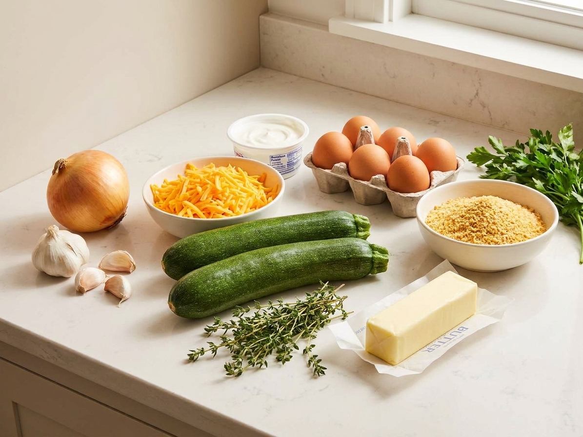 Whole zucchini, a yellow onion, garlic, shredded cheddar, sour cream, eggs, breadcrumbs, butter, and herbs arranged on a tidy kitchen counter in bright natural light