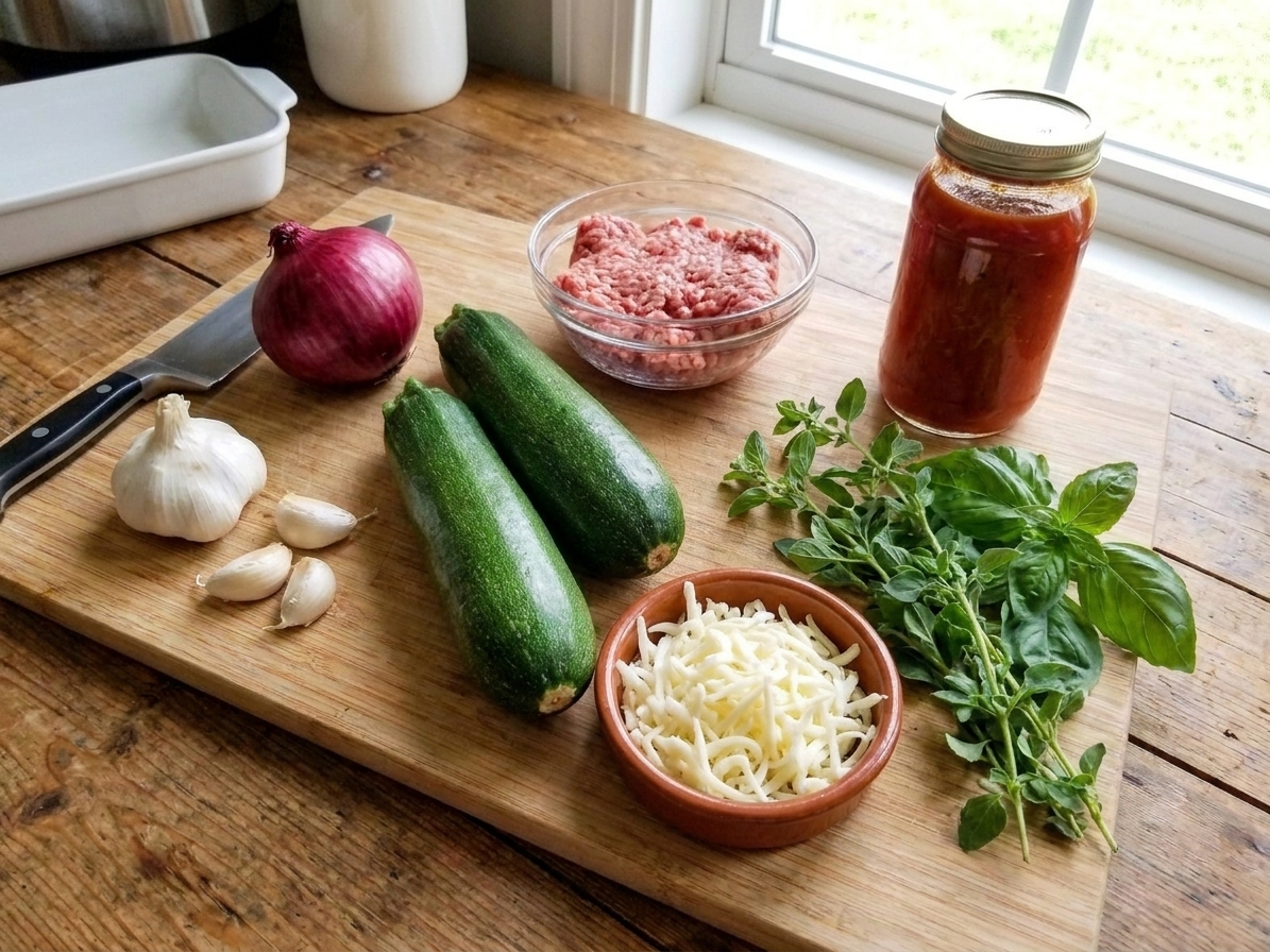 Whole zucchini, onion, garlic, ground meat, marinara, shredded mozzarella, and herbs arranged on a clean kitchen counter in bright natural light