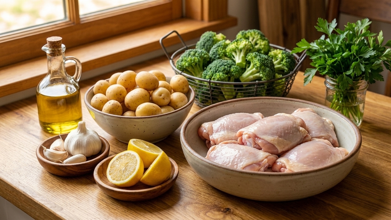Whole30 compliant ingredients on a kitchen counter including chicken thighs, baby potatoes, broccoli, garlic, lemons, olive oil, and fresh parsley laid out in small bowls