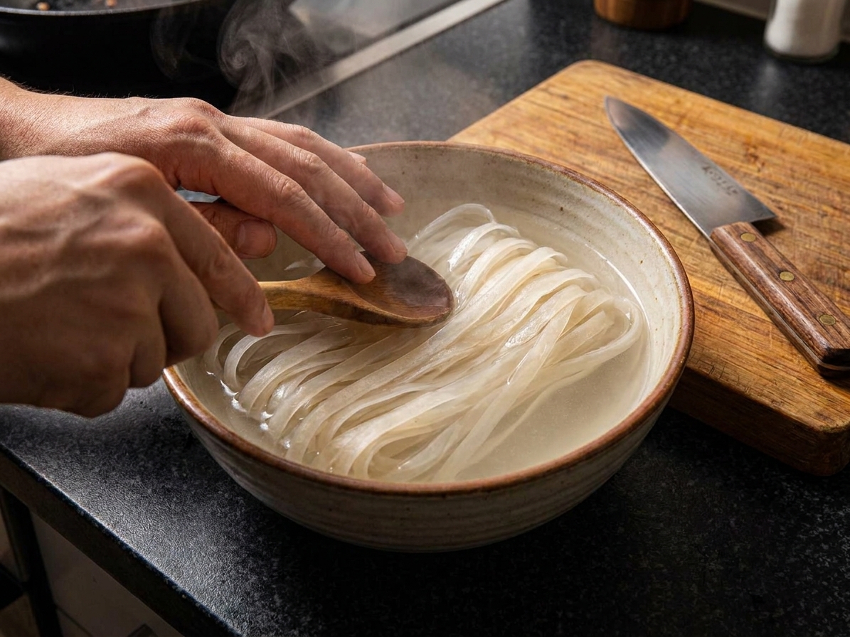 Wide dried rice noodles soaking in a bowl of hot water on a kitchen counter