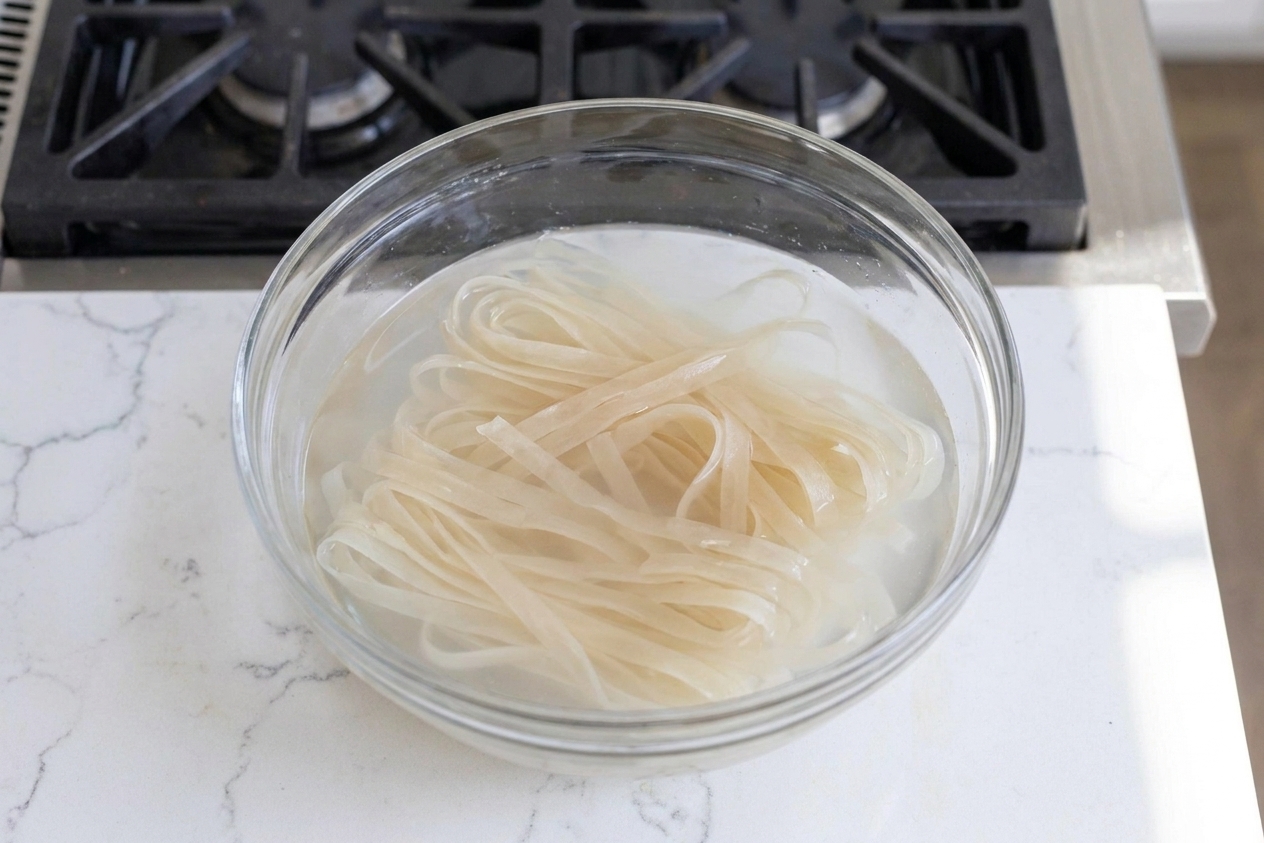 Wide dried rice noodles soaking in a large bowl of warm water on a kitchen counter
