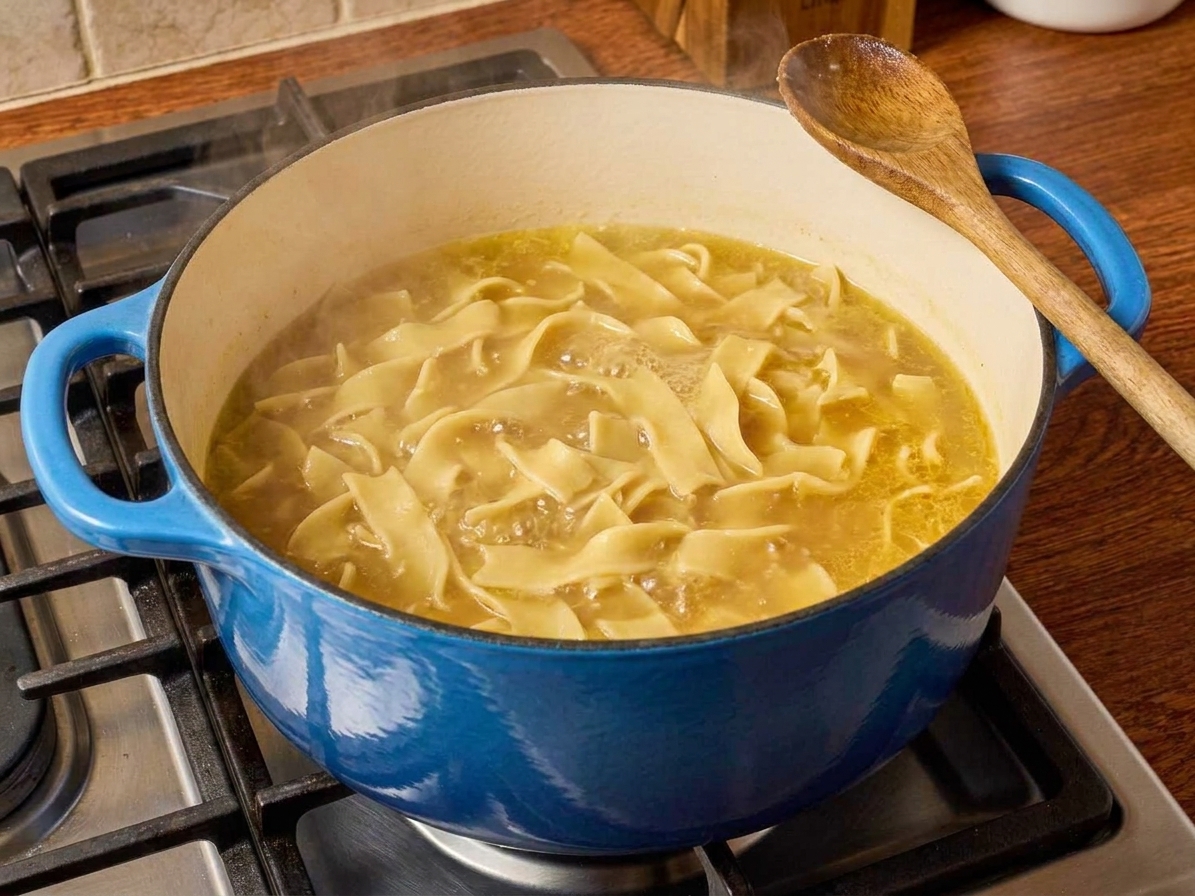 Wide egg noodles simmering in chicken broth inside a Dutch oven as steam rises