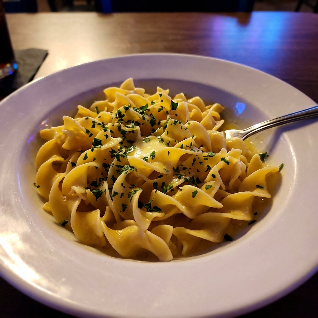 Wide egg noodles tossed with butter and parsley in a shallow bowl