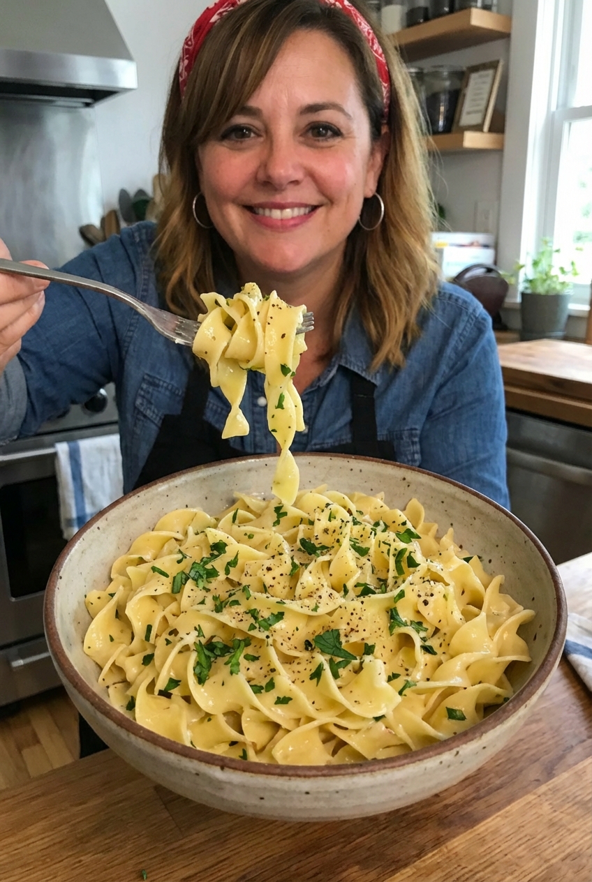 Wide egg noodles tossed with butter and parsley
