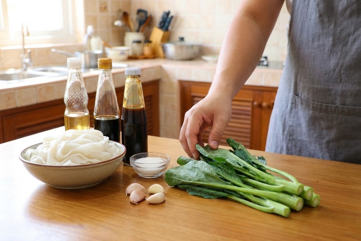 Wide fresh rice noodles, bottles of light soy sauce and dark soy sauce, oyster sauce, sugar, garlic, and Chinese broccoli arranged on a clean kitchen counter with warm natural light