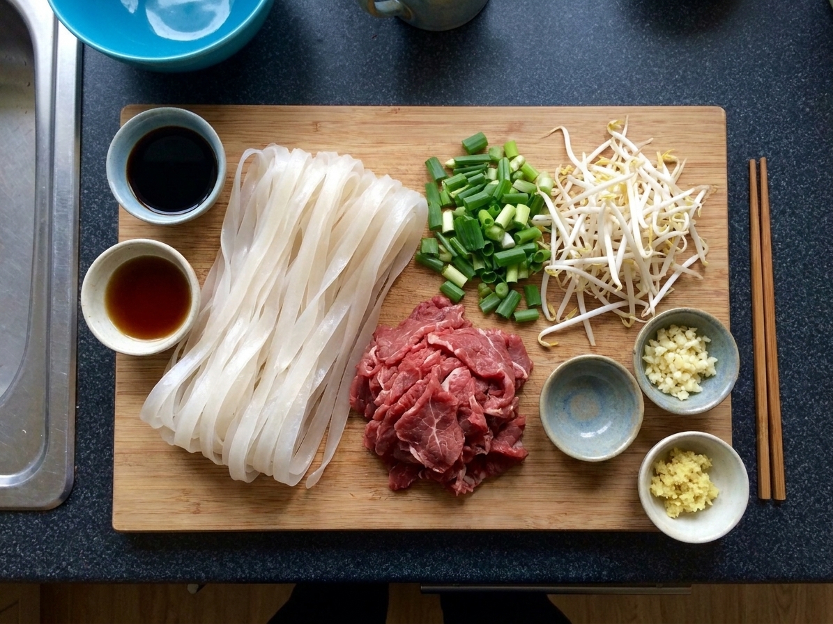 Wide fresh rice noodles, sliced beef, bean sprouts, scallions, soy sauces, and aromatics arranged on a bright kitchen counter