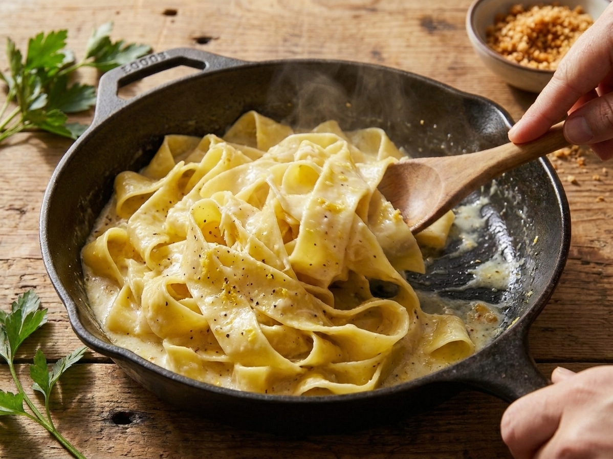 Wide pappardelle ribbons being tossed in a creamy lemon Parmesan sauce in a large skillet on the stove