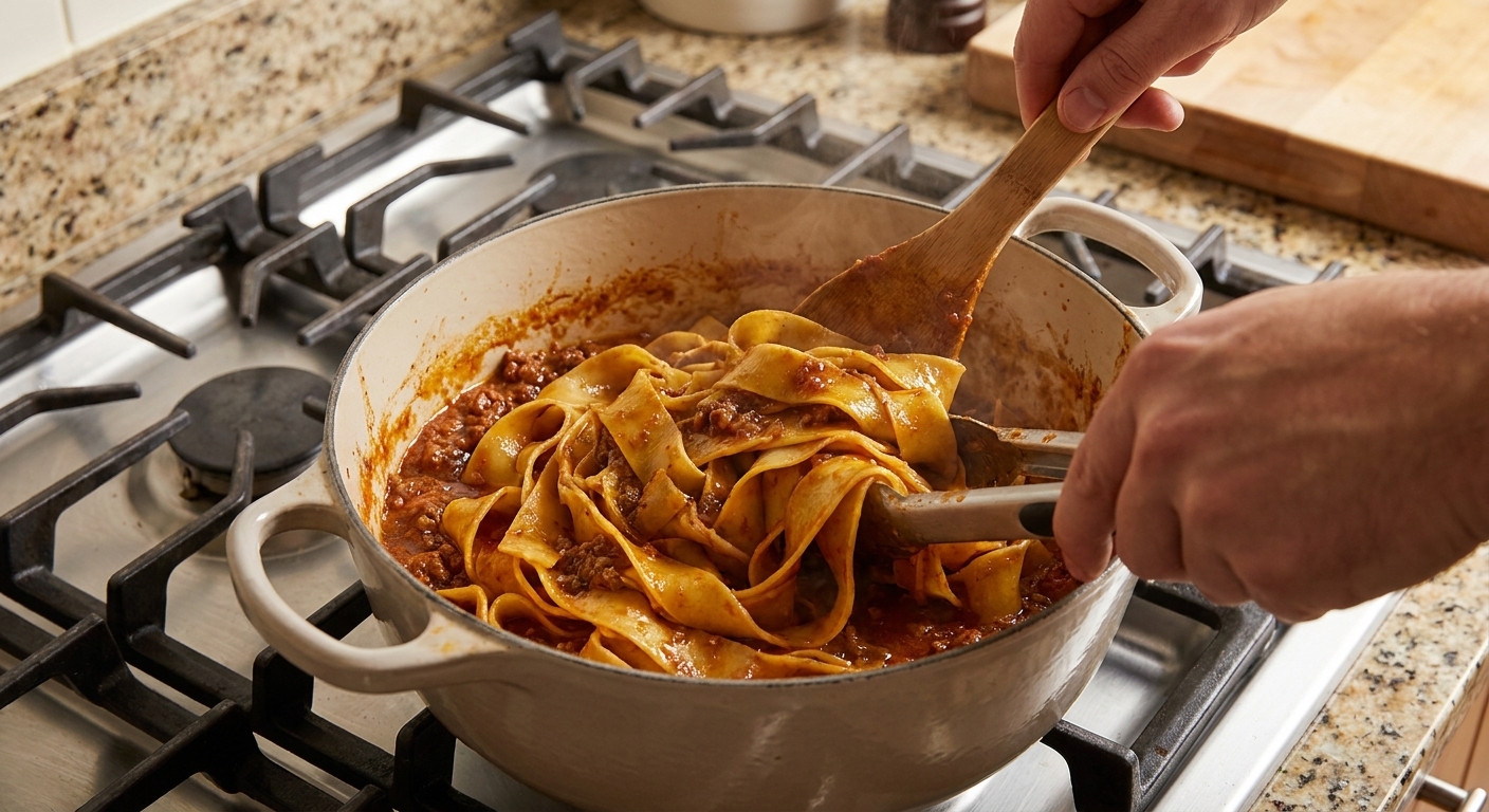 Wide ribbon pasta being tossed with beef bolognese in a pot, sauce coating the noodles with a glossy sheen