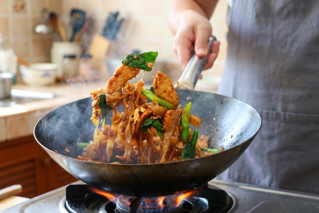 Wide rice noodles being stir-fried in a hot wok with Chinese broccoli and scrambled egg, with a spatula tossing the noodles over a home stove burner