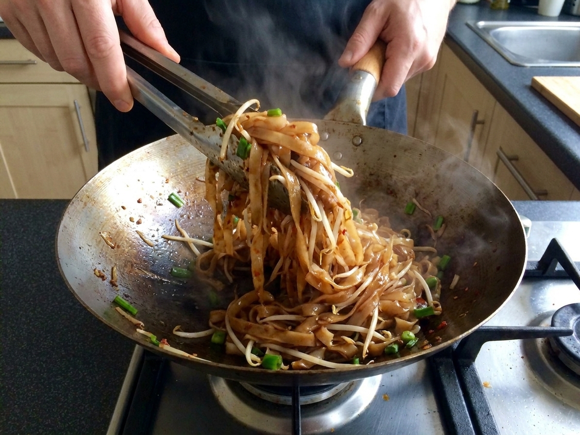Wide rice noodles being tossed in a hot wok with a dark soy sauce glaze using metal tongs