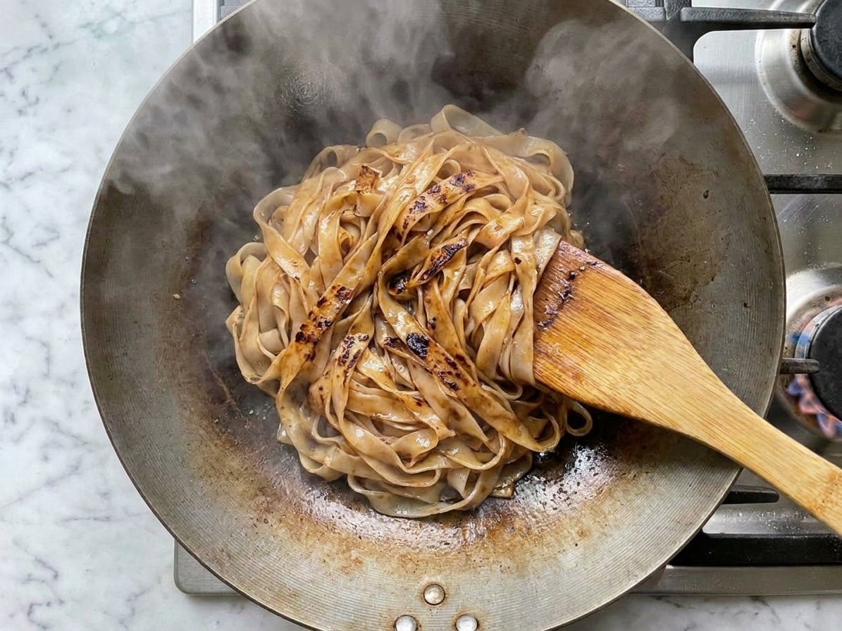 Wide rice noodles being tossed in a large skillet with a spatula, starting to brown in spots