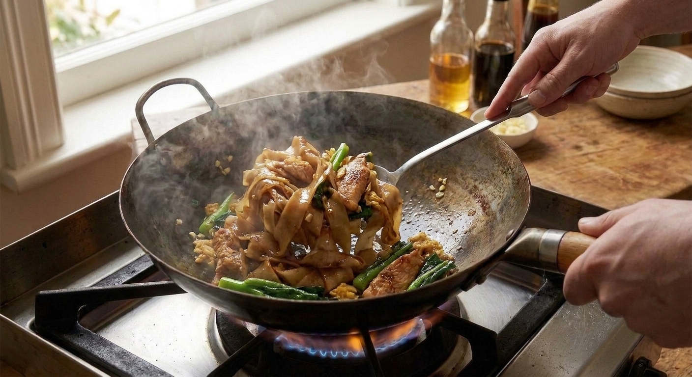 Wide rice noodles cooking in a hot wok