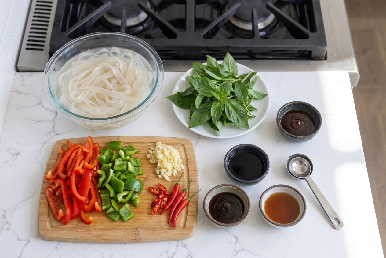 Wide rice noodles, fresh basil, garlic, Thai chilies, bell peppers, soy sauce, oyster sauce, and fish sauce arranged on a clean kitchen counter