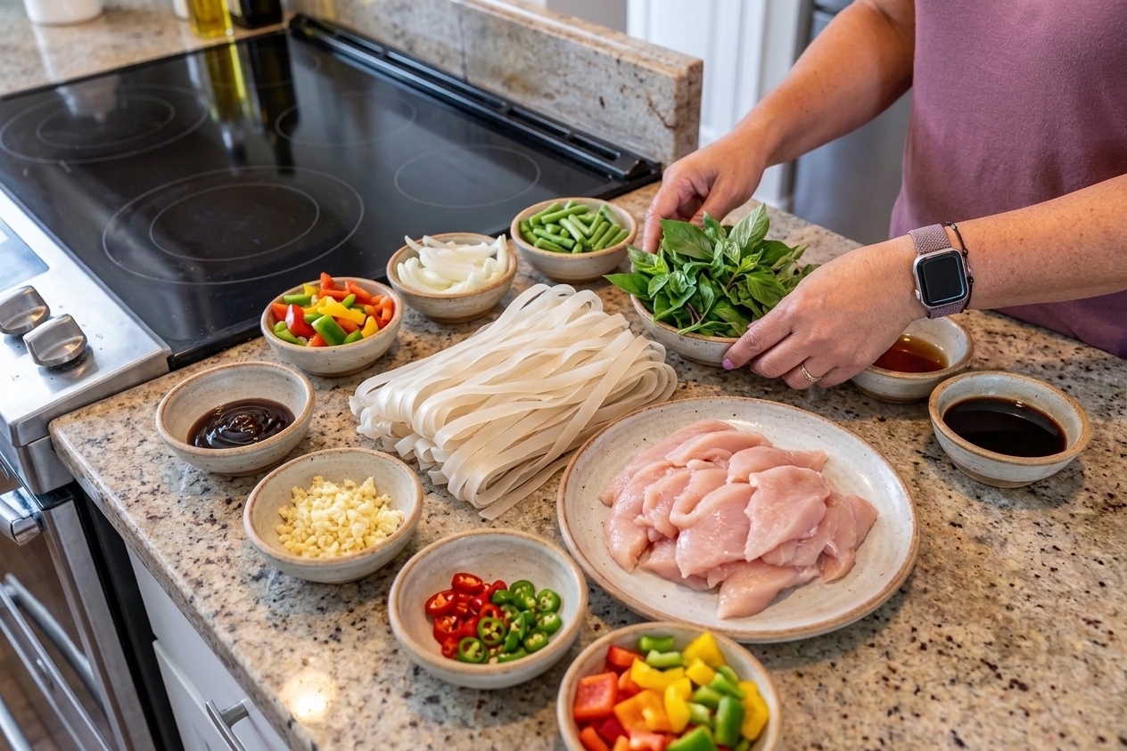 Wide rice noodles, sliced chicken, garlic, chilies, bell pepper, onion, green beans, basil, and small bowls of sauces arranged on a bright kitchen counter