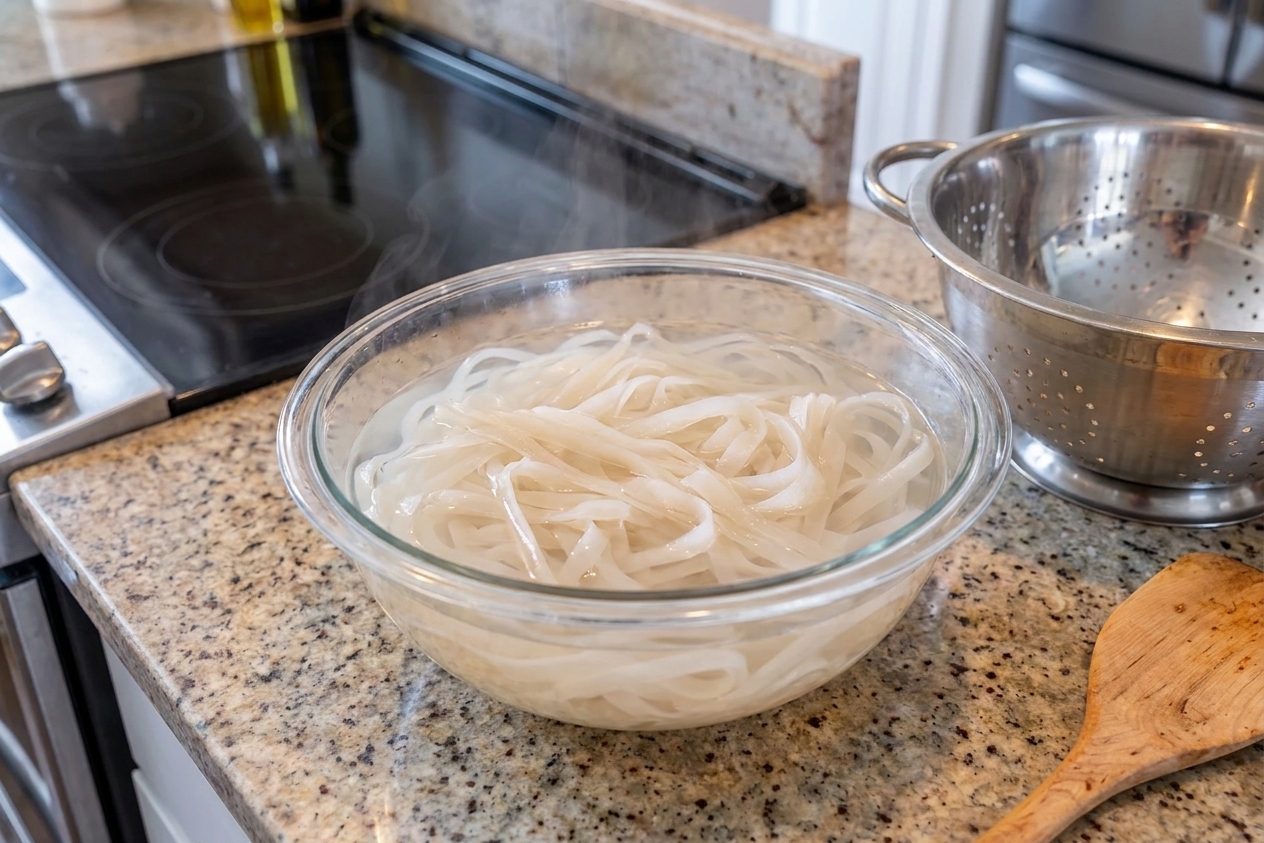 Wide rice noodles soaking in a glass bowl of warm water on a kitchen counter next to a colander
