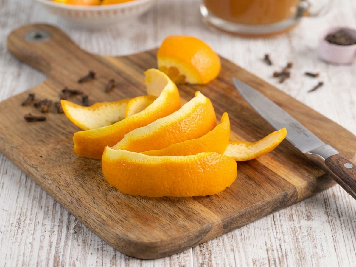 Wide strips of orange peel on a cutting board, with most of the white pith removed