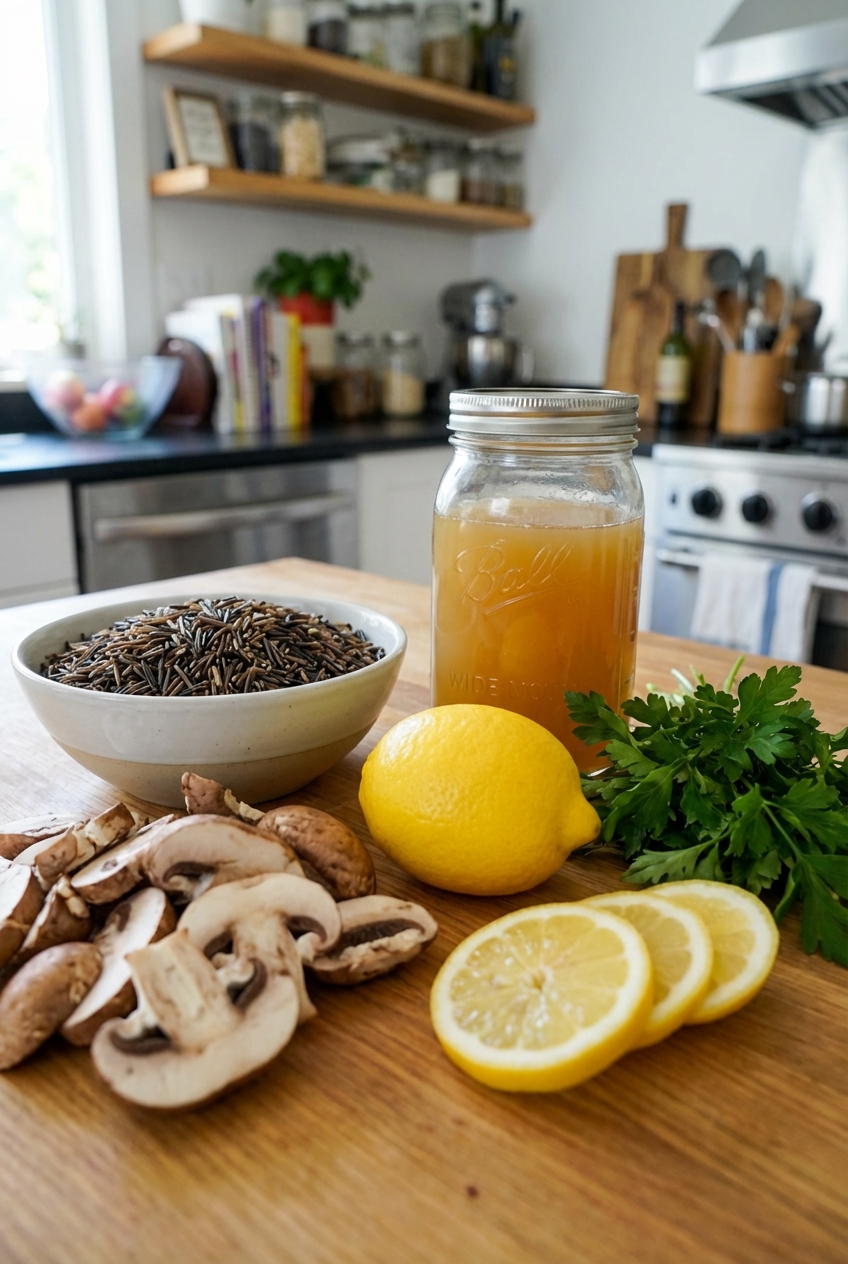 Wild rice, sliced mushrooms, lemon, parsley, and broth arranged on a kitchen counter