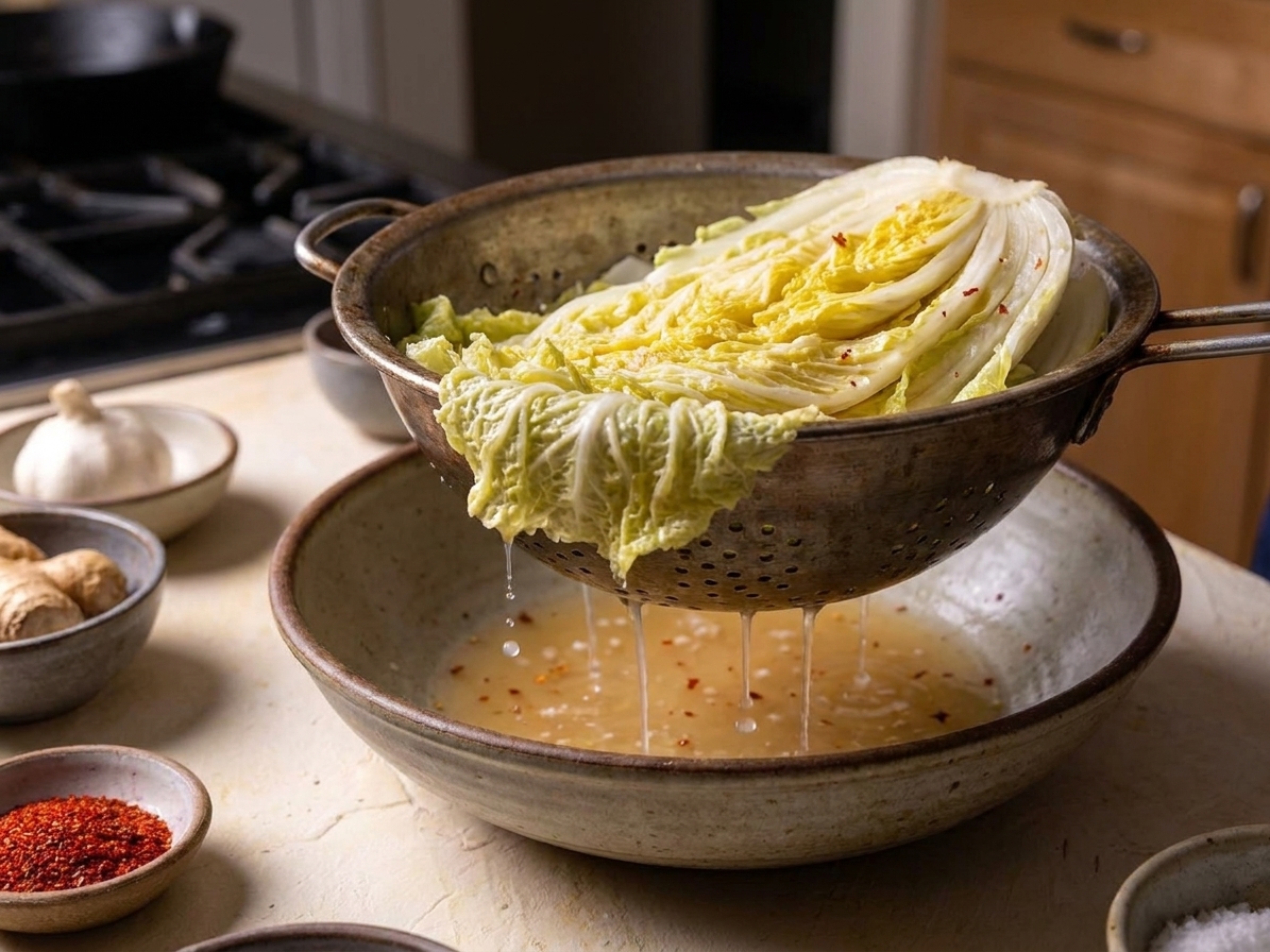 Wilted napa cabbage draining in a colander, with brine dripping off the leaves