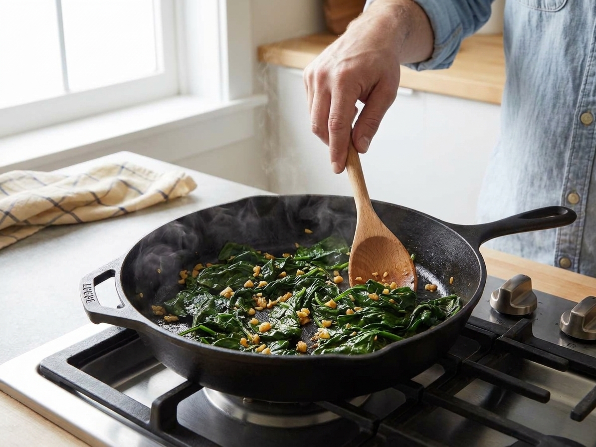 Wilted spinach and minced garlic cooking in a skillet on a stovetop, with a wooden spoon stirring