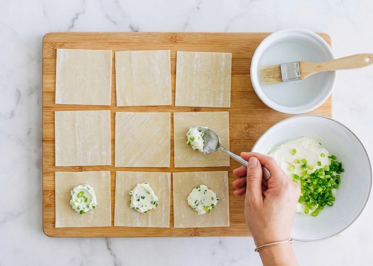 Wonton wrappers laid out on a cutting board with a small bowl of water and a spoonful of cream cheese filling ready to portion