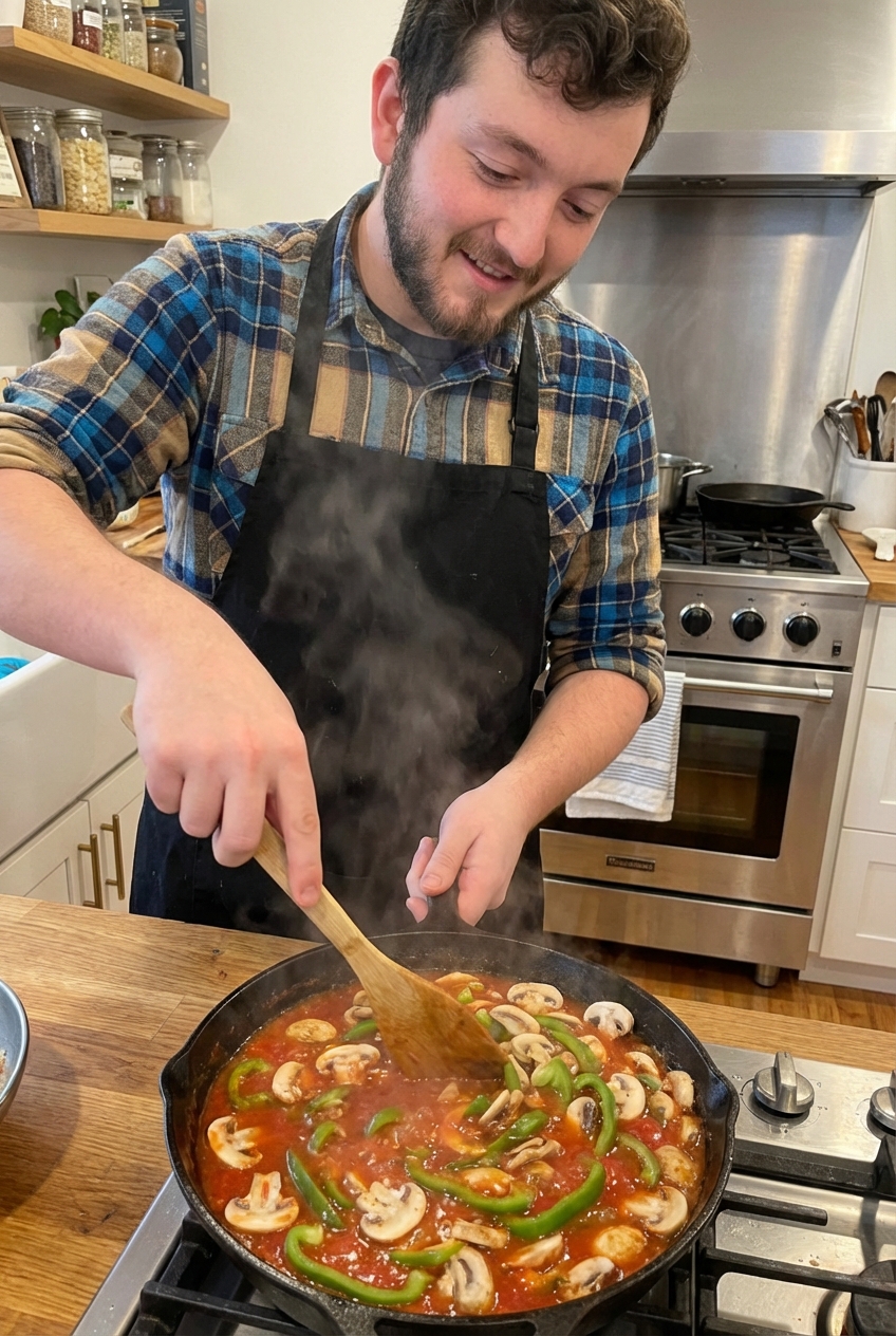 Wooden spoon stirring a bubbling tomato sauce with sliced mushrooms and peppers in a skillet