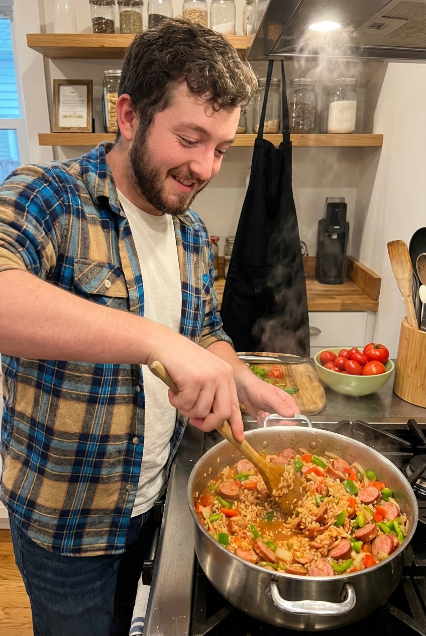 Wooden spoon stirring a pot of jambalaya as the rice simmers with peppers, onions, and sausage