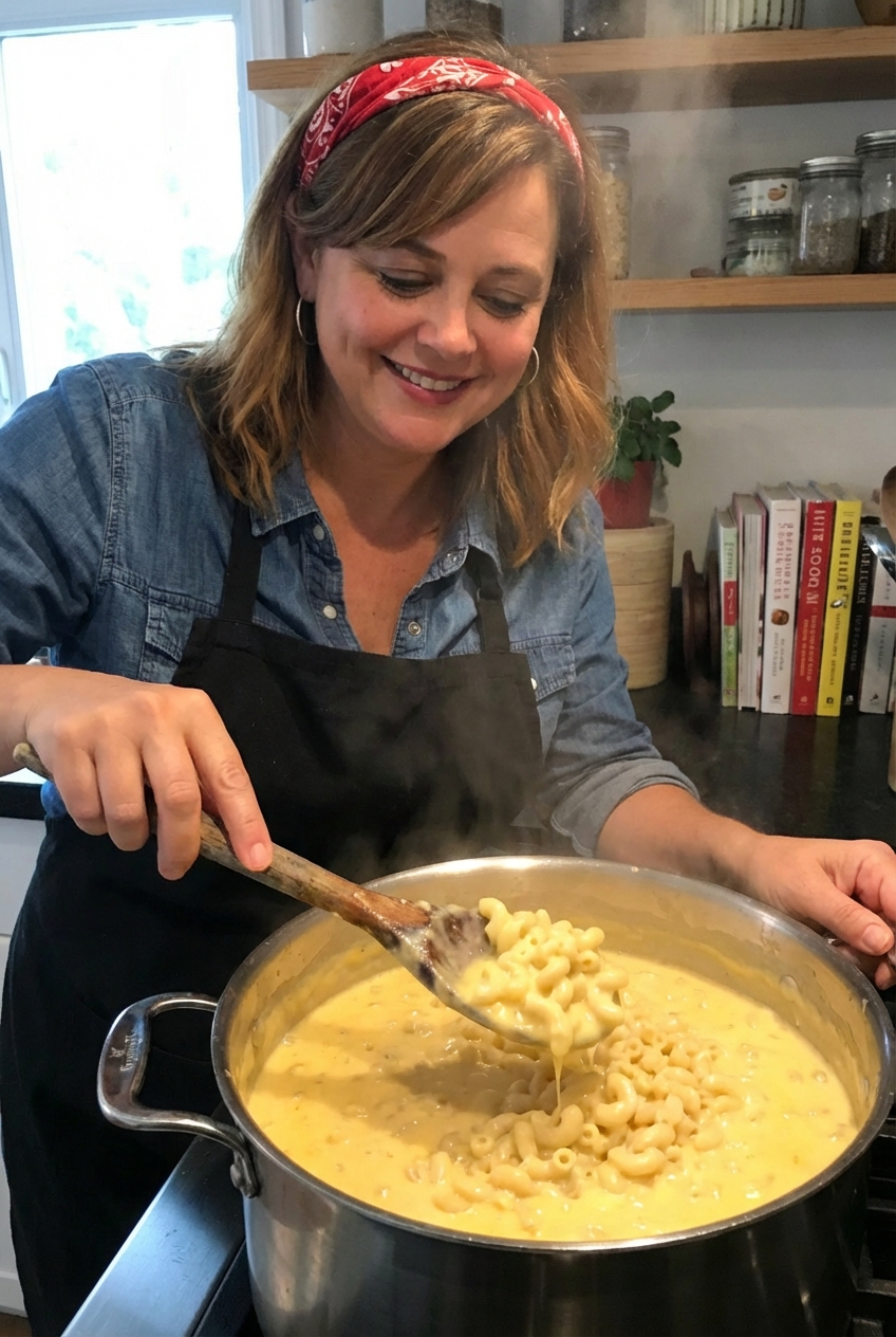 Wooden spoon stirring cooked elbow macaroni into a creamy cheese sauce in a pot