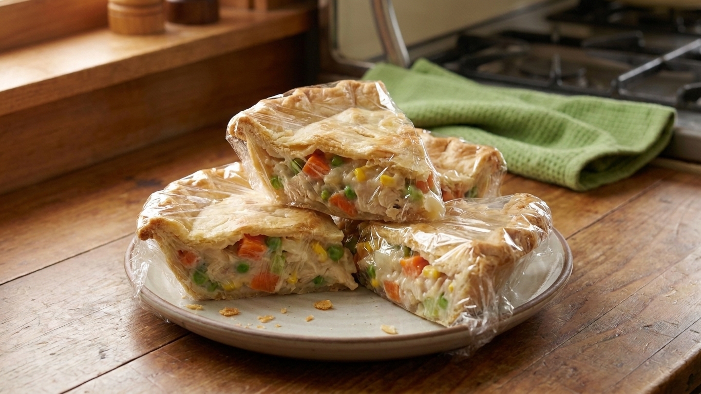Wrapped slices of chicken pot pie stored for leftovers, with flaky crust and creamy filling visible