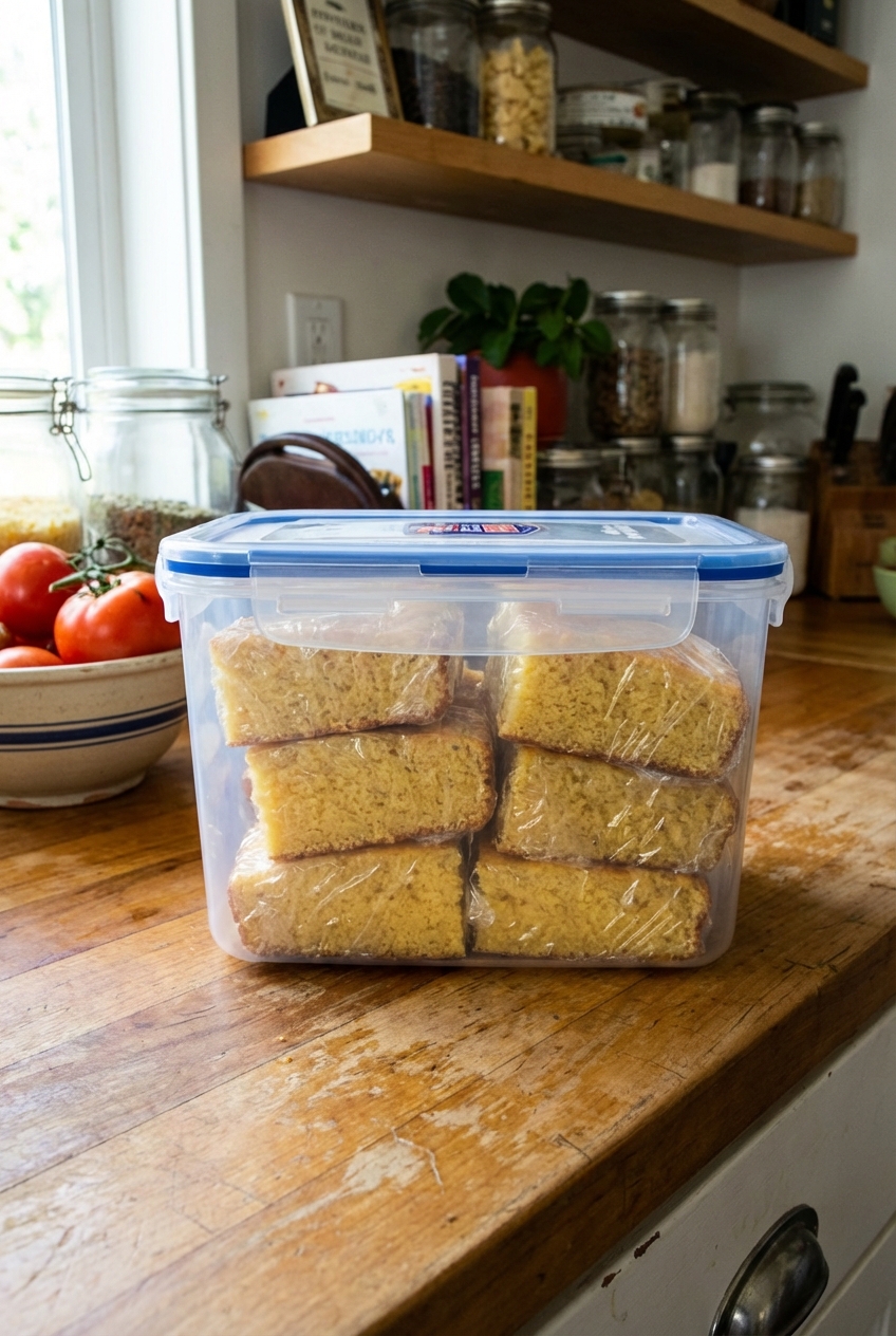 Wrapped slices of cornbread stored in an airtight container on a kitchen counter