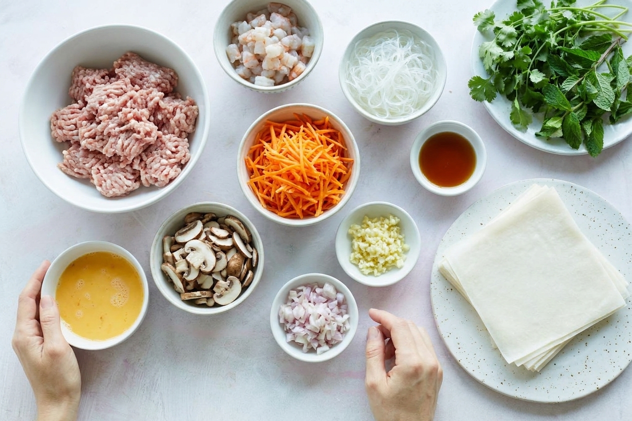 Wrappers, ground pork, shrimp, glass noodles, shredded carrots, sliced mushrooms, garlic, shallots, fish sauce, and herbs arranged neatly for making Vietnamese fried spring rolls
