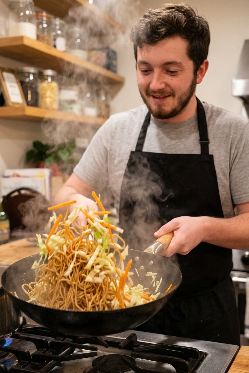 Yakisoba noodles being tossed in a hot wok with cabbage and carrots, captured mid-toss with steam rising