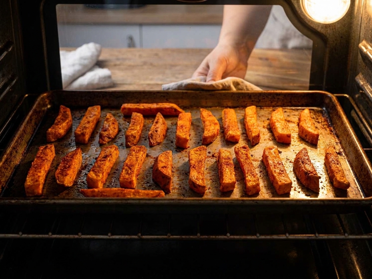 Yam fries spread in a single layer on a rimmed baking sheet as they roast in a home oven