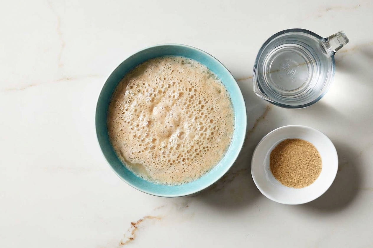 Yeast blooming in a ceramic bowl of warm water on a kitchen counter, with small bubbles forming on the surface