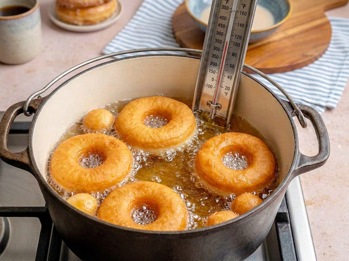 Yeast donut rings frying in a heavy pot of oil with a thermometer clipped securely to the side, bubbles rising around the dough