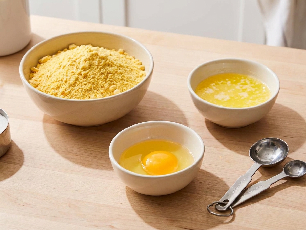 Yellow cake mix, a bowl of melted butter, and a cracked egg arranged on a clean kitchen counter with measuring spoons
