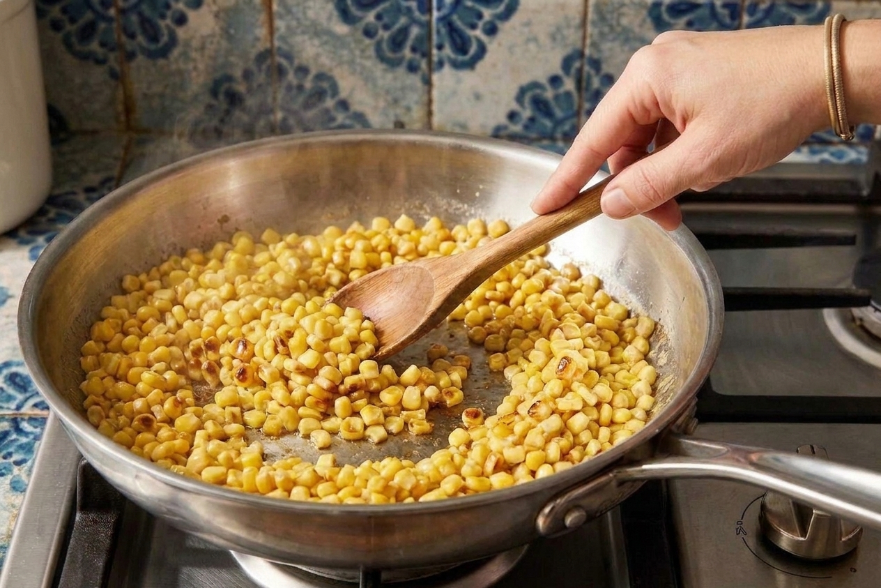 Yellow corn kernels sautéing in a skillet, with a few kernels showing golden brown edges