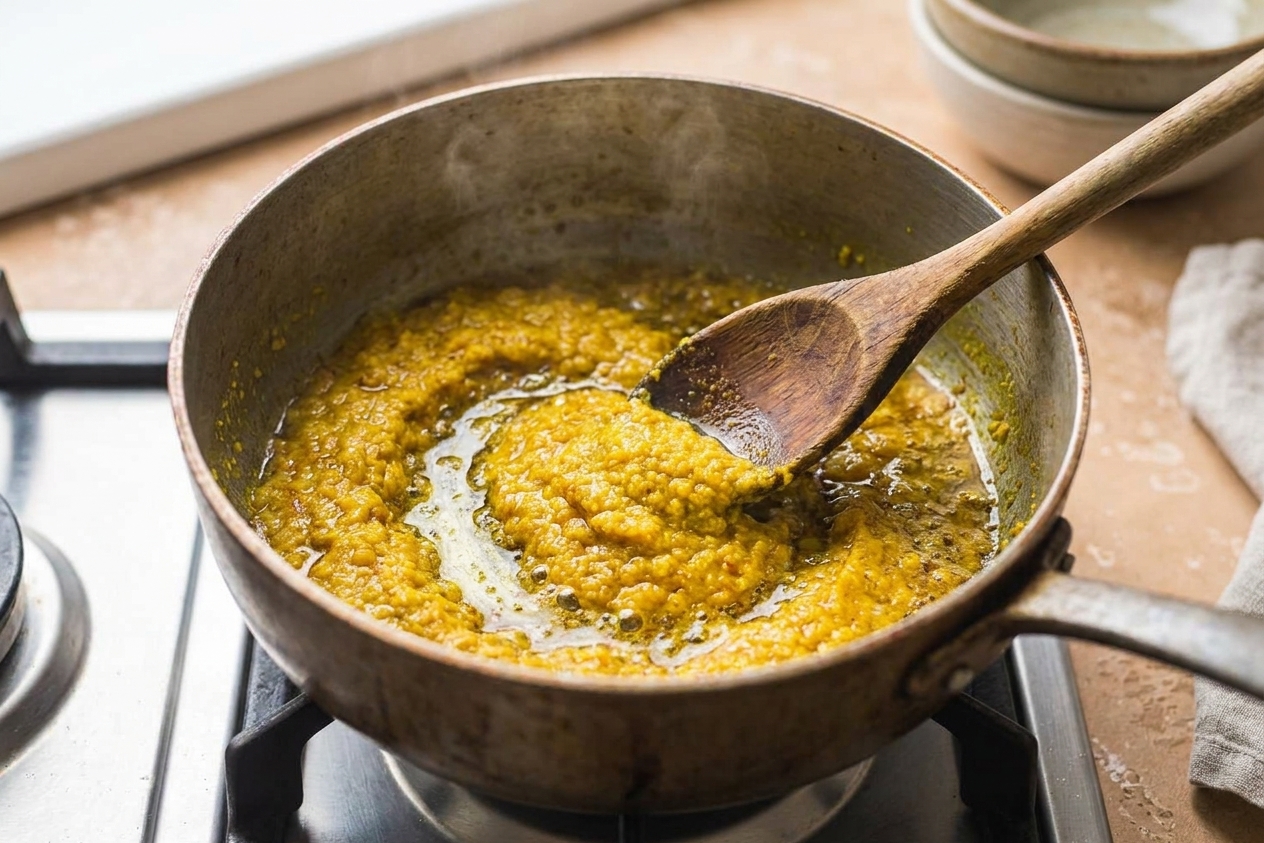Yellow curry paste sizzling in a pot with a wooden spoon, the paste darkening slightly as it blooms in oil on a stovetop
