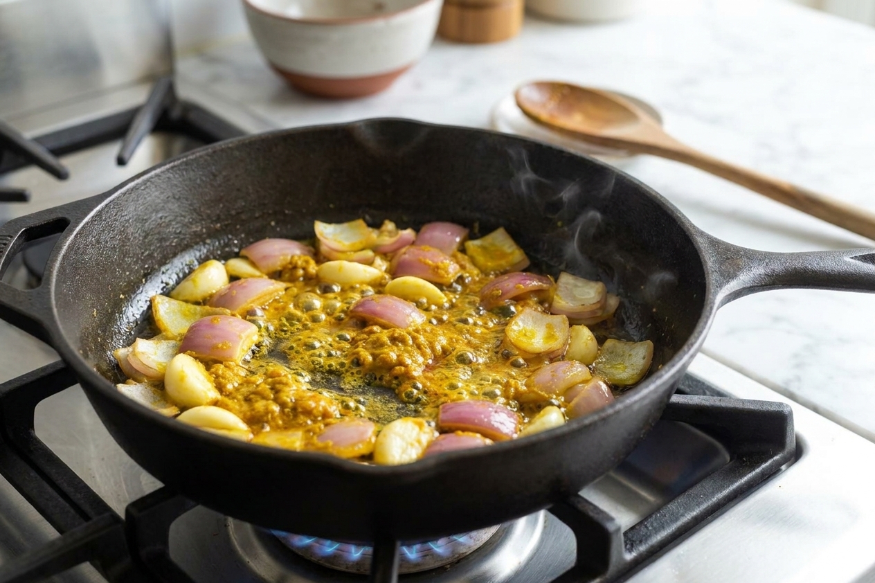 Yellow curry paste sizzling in oil with onions and garlic in a dark skillet on a stovetop