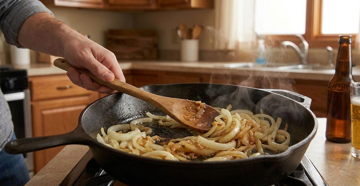 Yellow onions sautéing in a skillet, turning soft and lightly golden, with a wooden spoon stirring