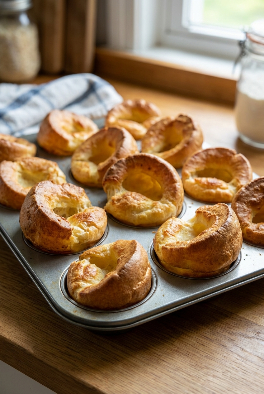 Yorkshire puddings in a muffin tin, puffed and golden