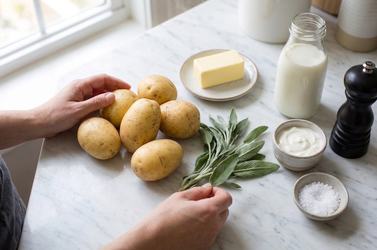 Yukon Gold potatoes, fresh sage, butter, milk, sour cream, salt, and pepper arranged on a clean kitchen counter