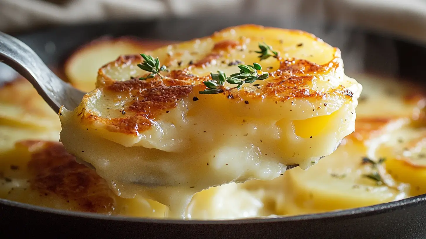Yukon Gold potatoes, garlic cloves, a small pitcher of cream, and a dish of salt and pepper arranged on a light stone kitchen counter under soft natural light