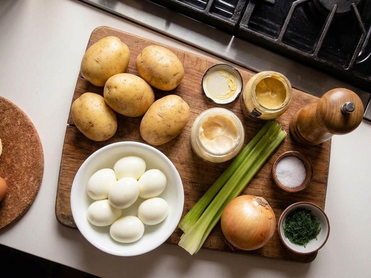 Yukon Gold potatoes, hard-boiled eggs, mayonnaise, mustard, celery, onion, and seasonings arranged on a clean kitchen counter in natural light